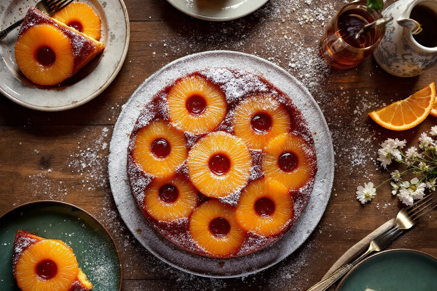 Pineapple upside-down cake dusted with powdered sugar